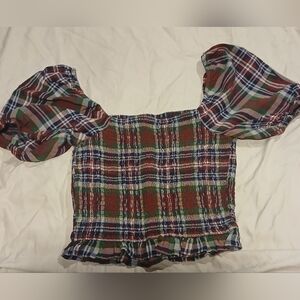 Womens American Eagle Plaid Smocked Puff-Sleeve Blouse Size Small
